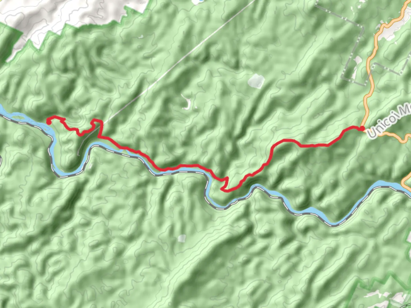 An image depicting the trail Big Rock Island and Unicoi Mountain Trail and its surrounding area.