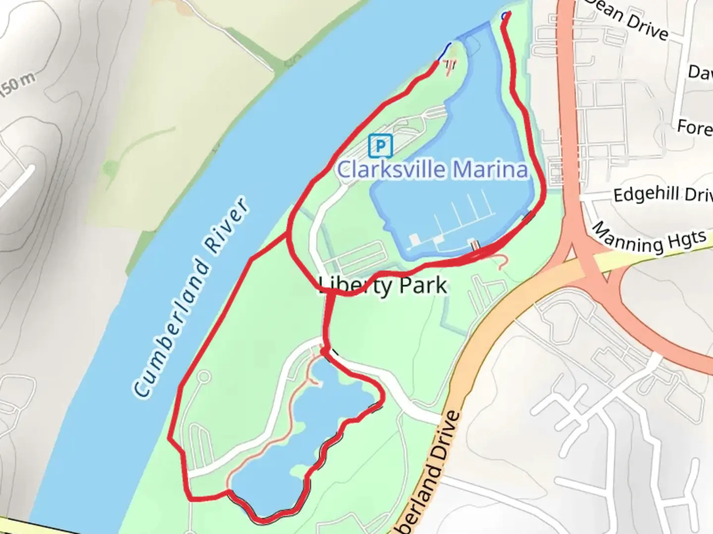 An image depicting the trail Freedom Point at Liberty Park and Cumberland River Loop and its surrounding area.