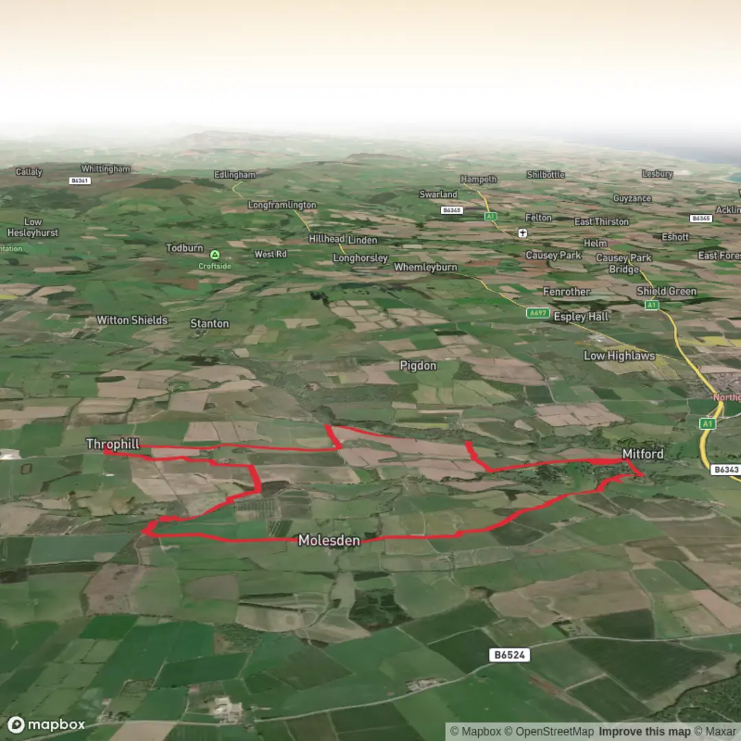 An image depicting the trail Mitford Castle Loop and its surrounding area.