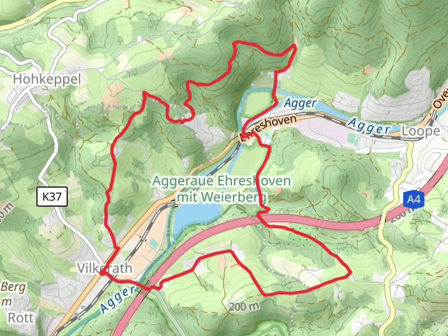 An image depicting the trail Rund um Vilkerath and its surrounding area.