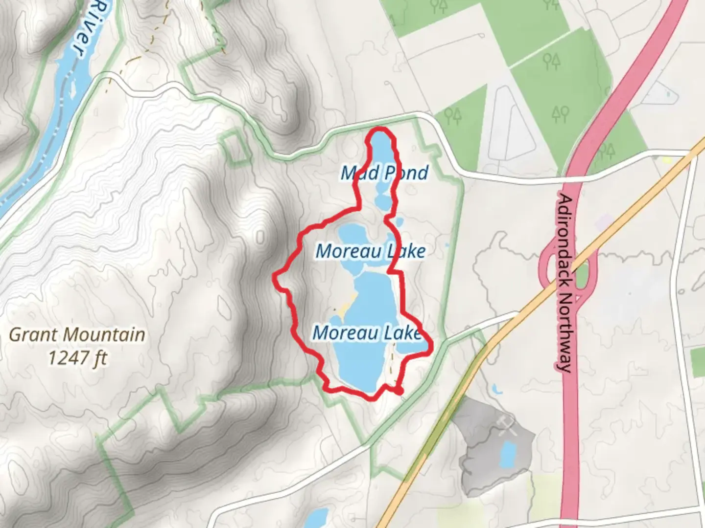 An image depicting the trail Moreau Lake and Mud Pond Loop via Red Oak Ridge Trail and its surrounding area.