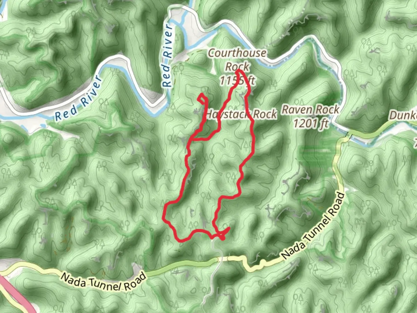 An image depicting the trail Courthouse Rock - Double Arch - Auxier Ridge Loop Trail and its surrounding area.