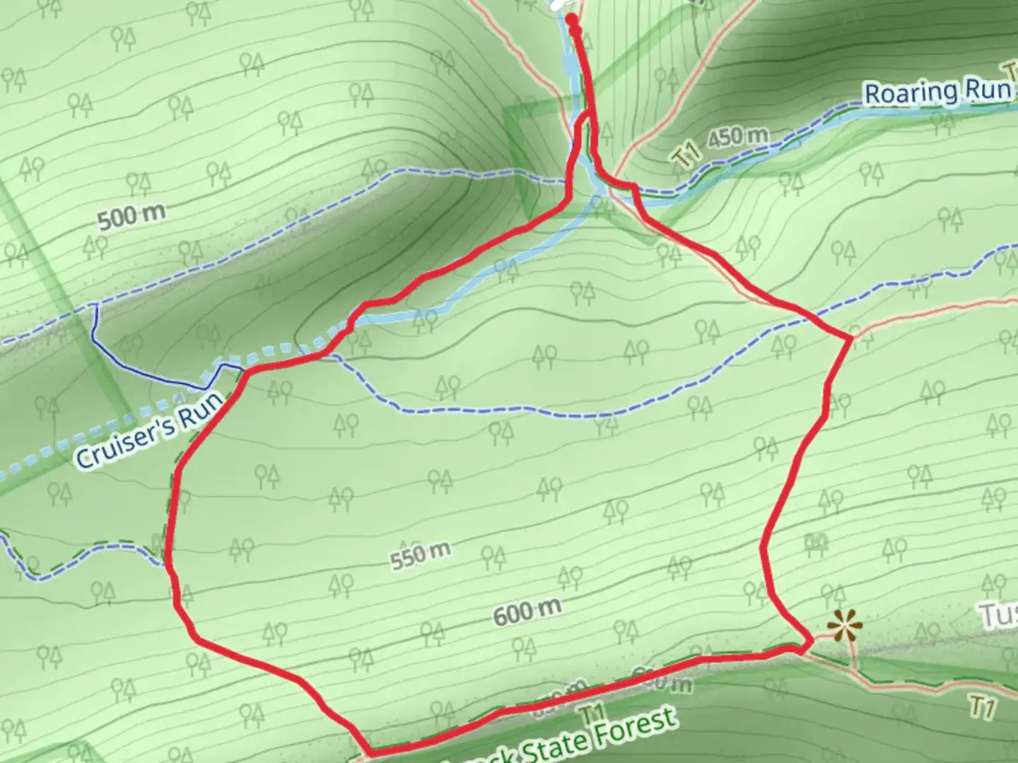 An image depicting the trail Blue-White Trail and Mid-State Trail Loop and its surrounding area.