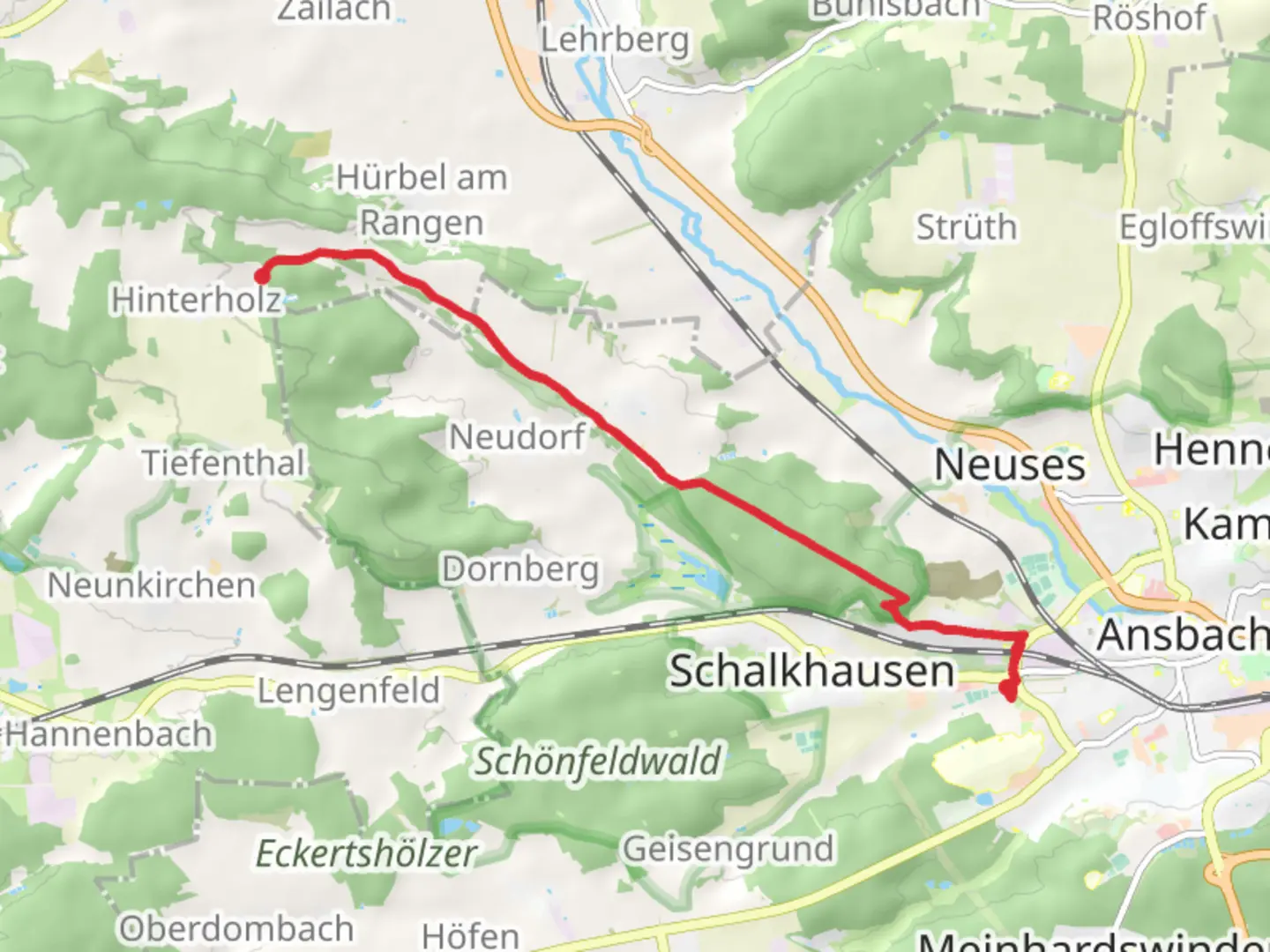 An image depicting the trail Ansbach to Hinterholz via Gruenstrich and its surrounding area.