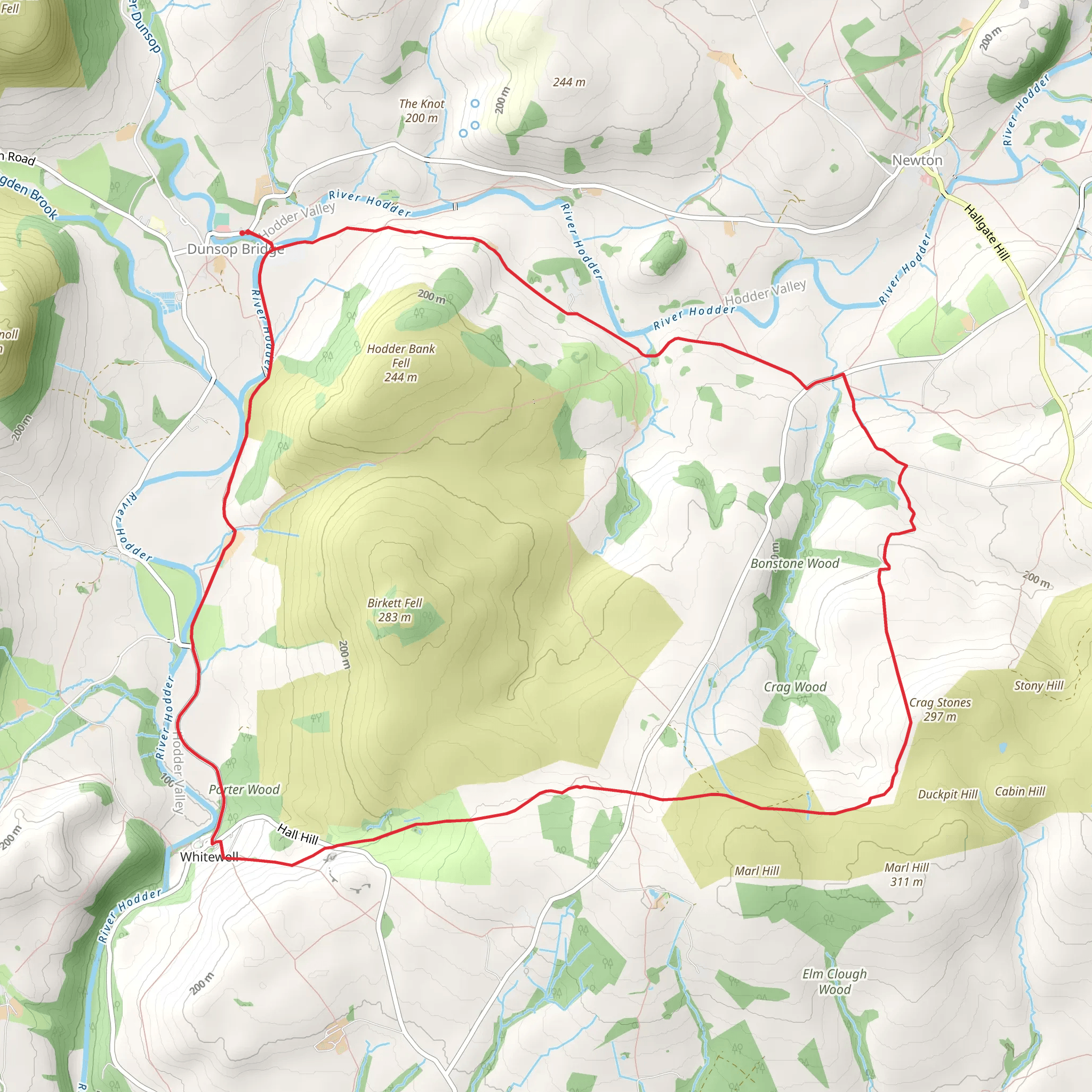 Whitewell via Crag Stones from Dunsop Bridge mobile static map
