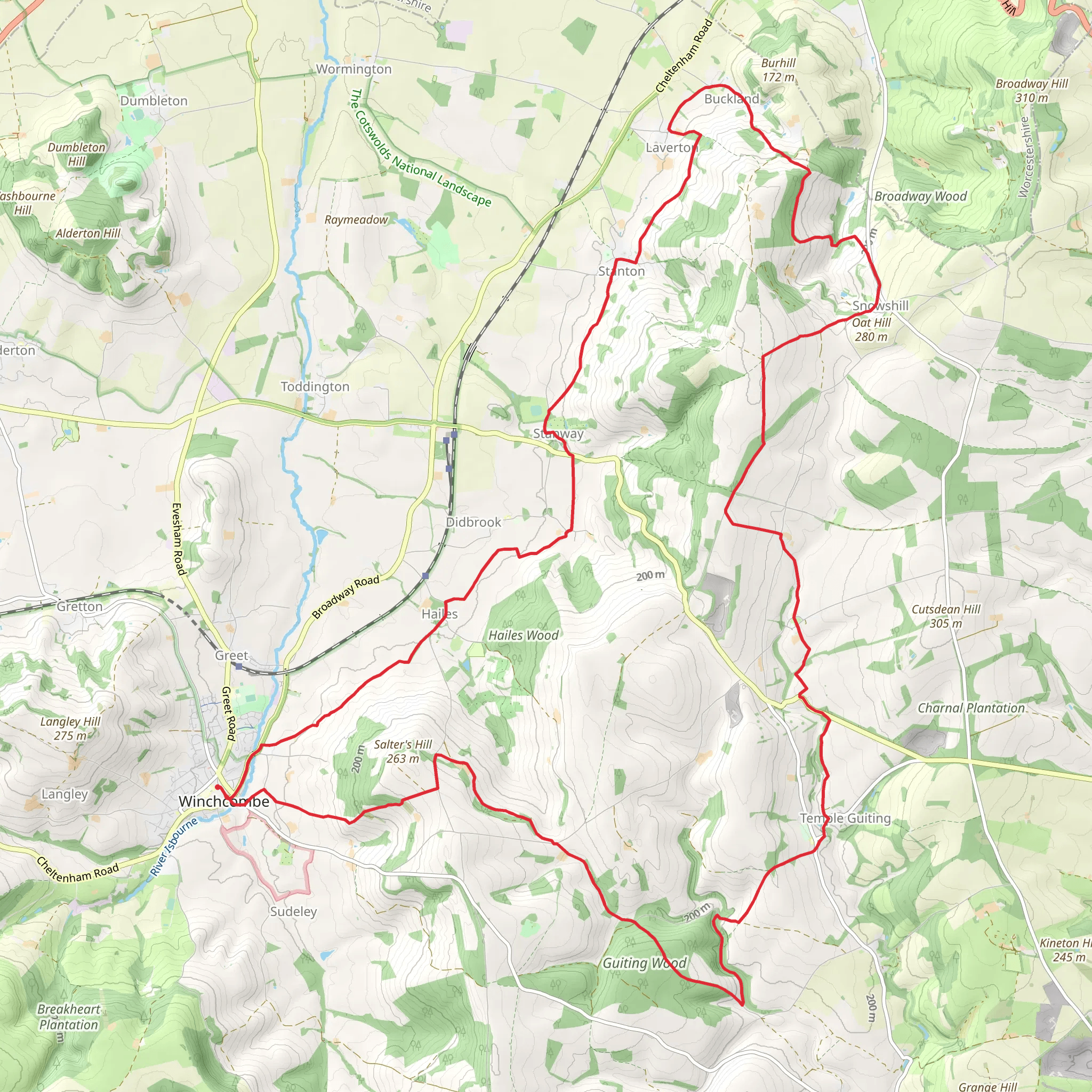 Guiting Wood, Oat Hill and Snowshill Loop via Winchcombe Way mobile static map