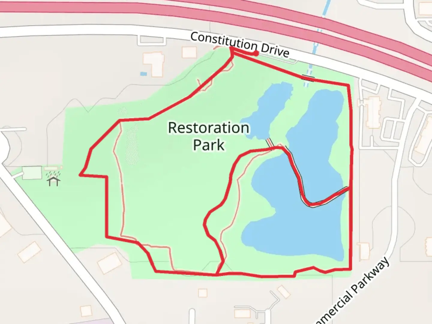 An image depicting the trail Restoration Park Loop and its surrounding area.