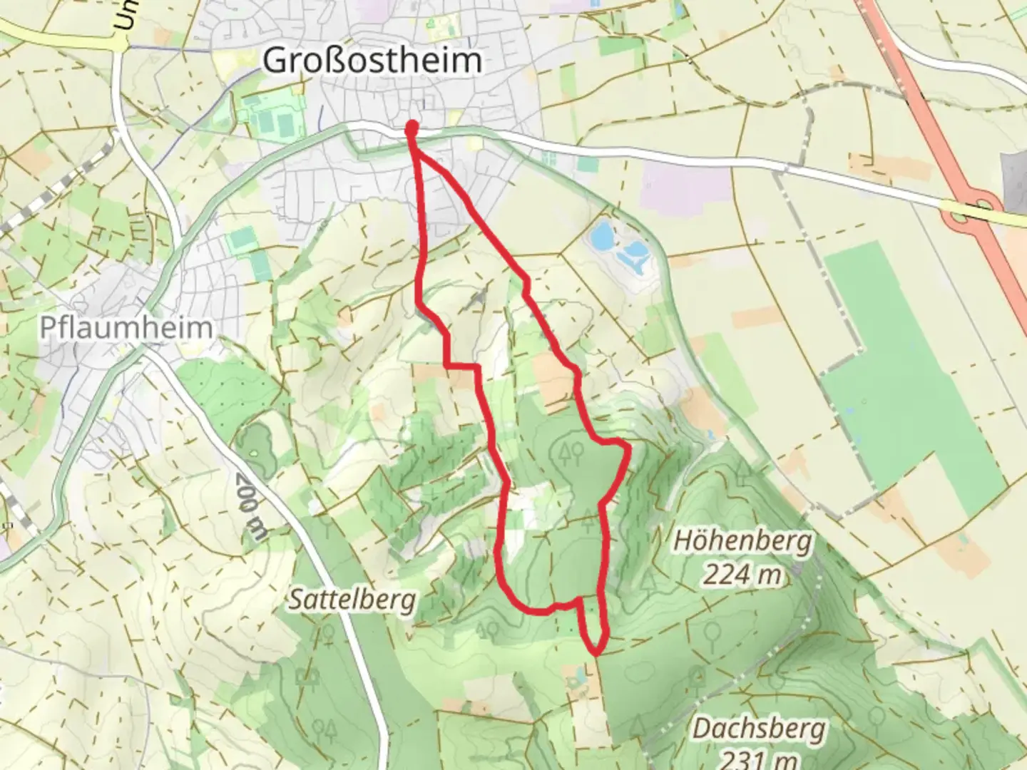An image depicting the trail Kulturweg Bachgau and Oestlicher Limesweg and its surrounding area.