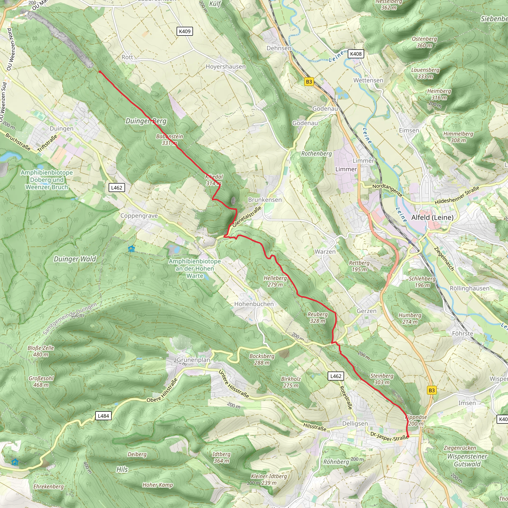 Delligsen to Duinger Berg via Kikedal, Babenstein and Kansteinweg mobile static map