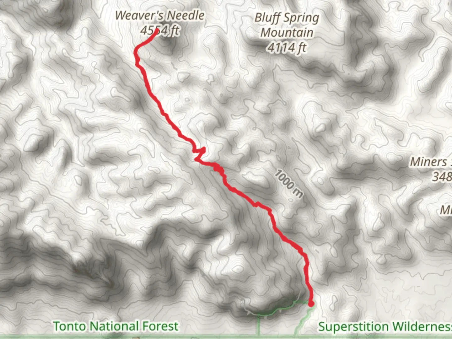 An image depicting the trail Weaver's Needle via Peralta Canyon Trail and its surrounding area.