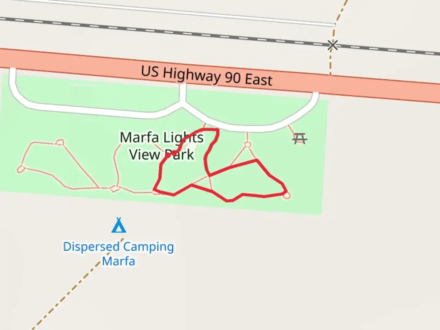 An image depicting the trail Marfa Lights View Park Loop and its surrounding area.
