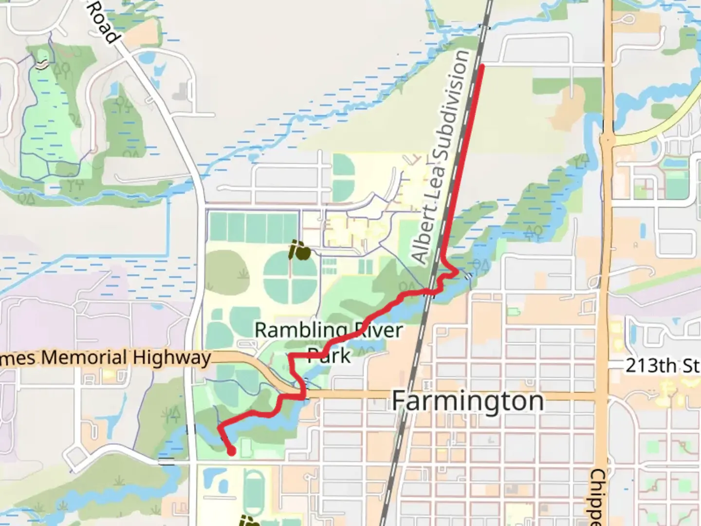 An image depicting the trail Rambling River Park, Native Prairie Planting Park and Vermillion River and its surrounding area.