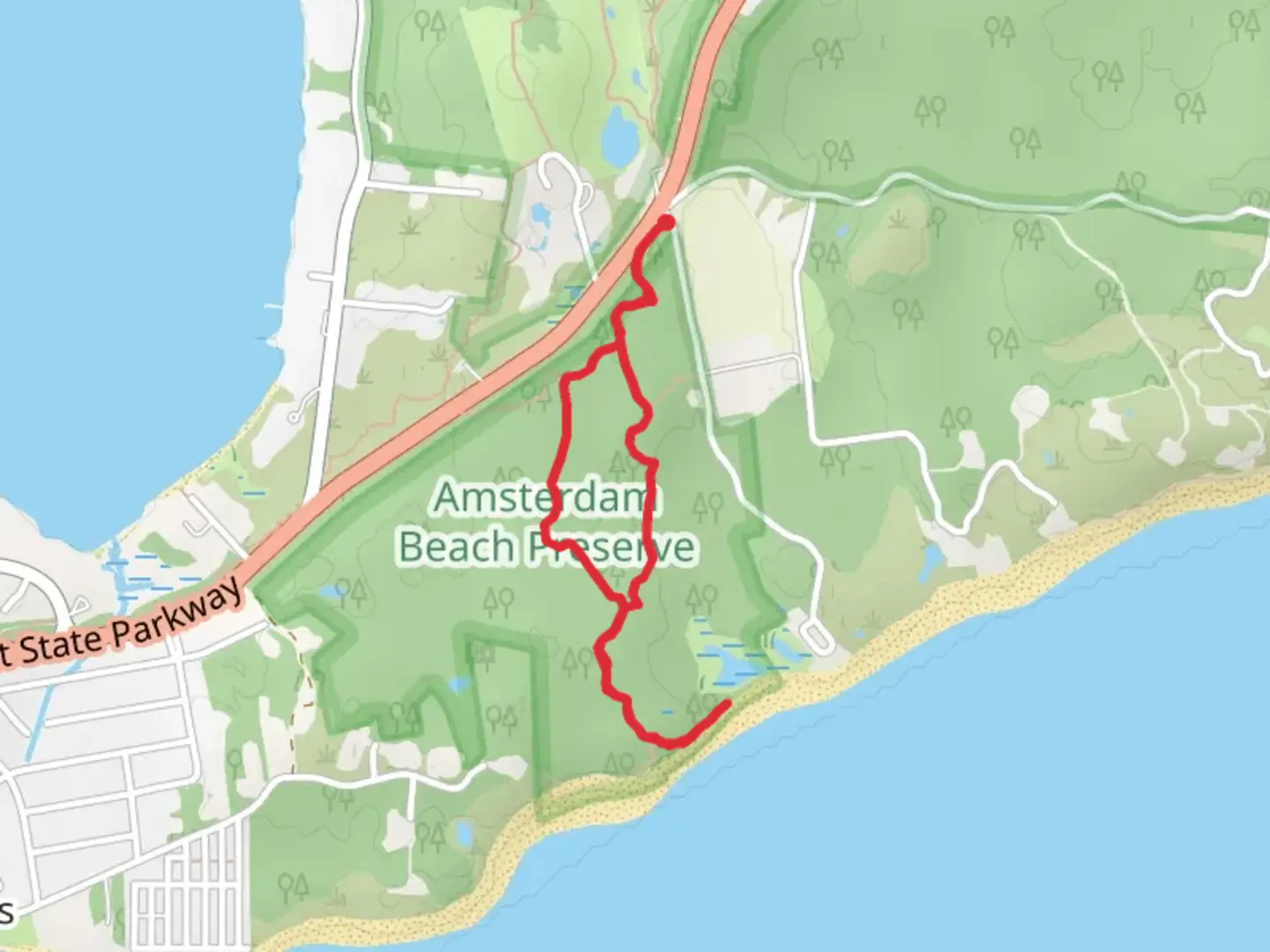 An image depicting the trail Montauk Point State Parkway Southern Loop and its surrounding area.