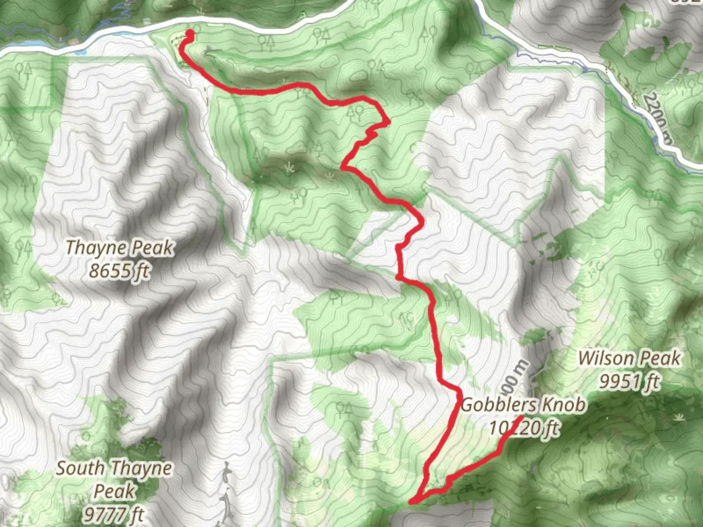 An image depicting the trail Gobblers Knob via Bowman Fork Trail and its surrounding area.