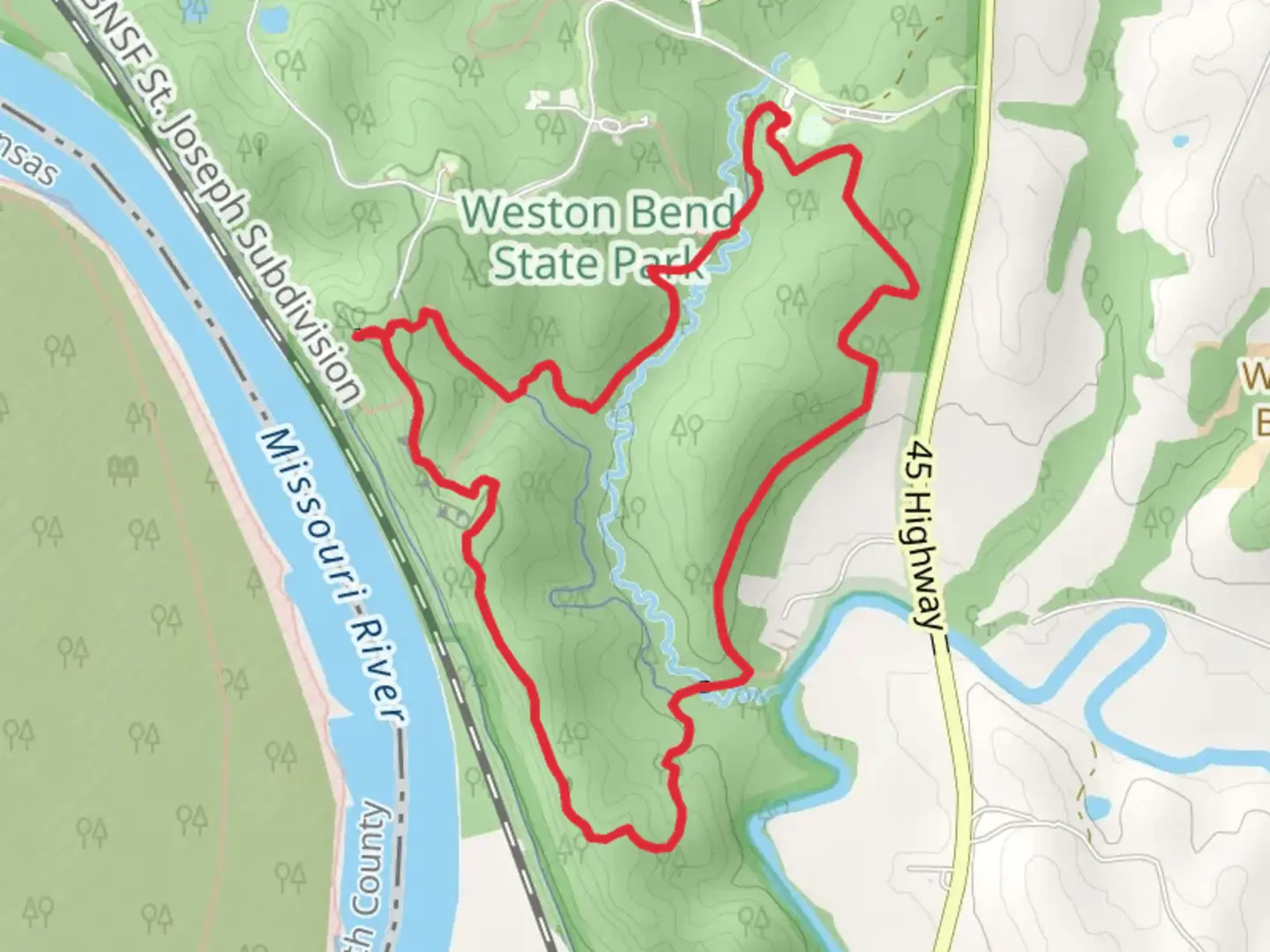 An image depicting the trail Weston Bend State Park Paved Loop and West Ridge Trail and its surrounding area.