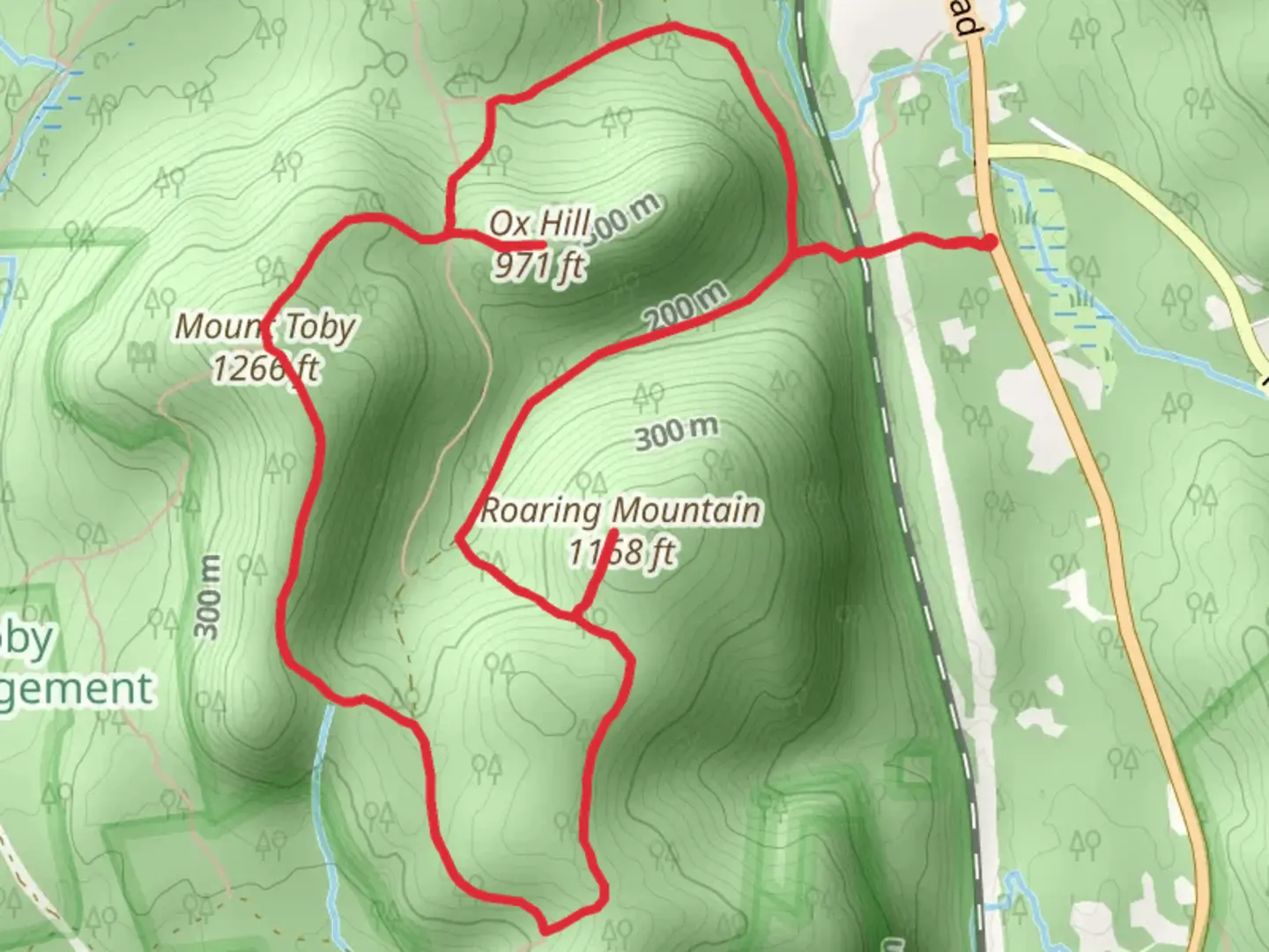 An image depicting the trail Ox Hill, Mount Toby and Roaring Mountain Loop and its surrounding area.