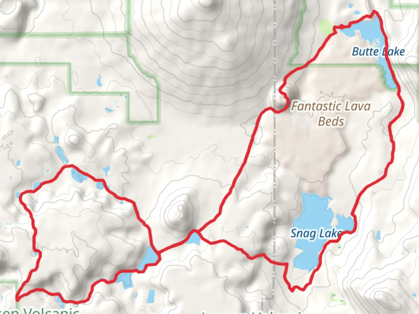 An image depicting the trail Butte Lake, Snag Lake, Bear Lakes and Cinder Cone Loop and its surrounding area.
