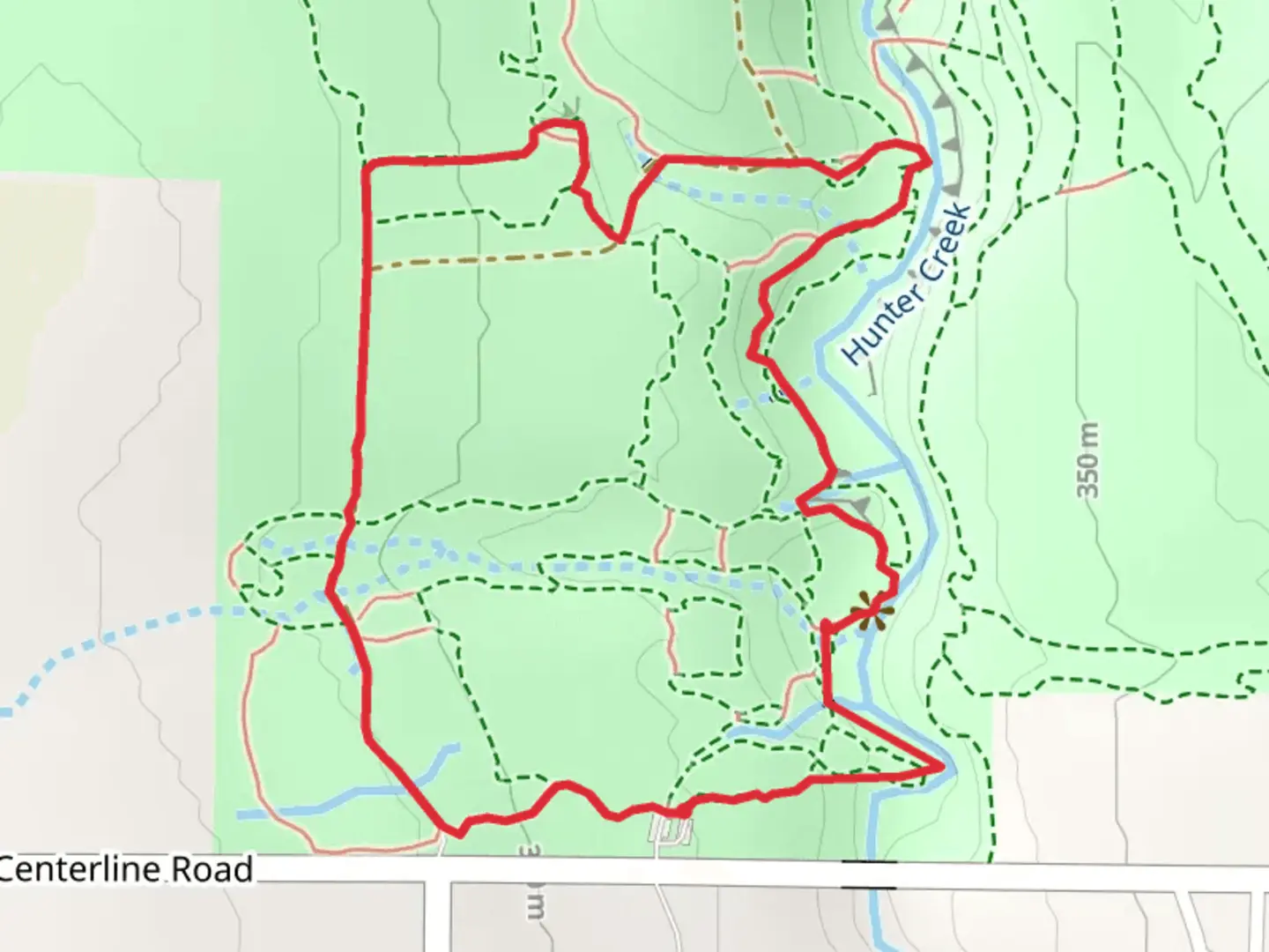 An image depicting the trail Hunters Creek and Spring Falls - Pink Trail Loop and its surrounding area.