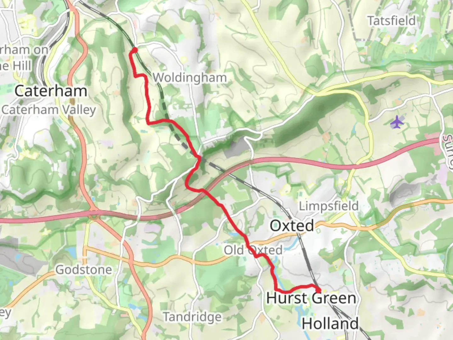 An image depicting the trail Hurst Green to Woldingham Walk and its surrounding area.