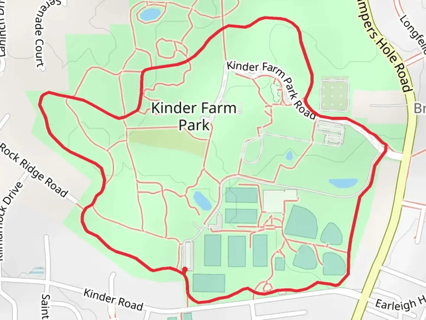 An image depicting the trail Kinder Farm Park Loop and Perimeter Trail and its surrounding area.