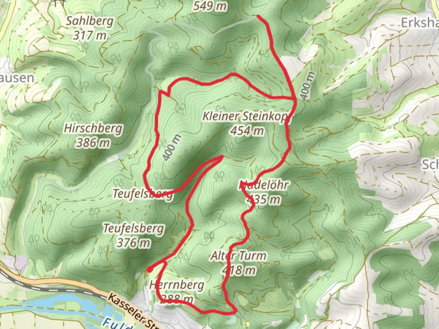 An image depicting the trail Teufelsberg, Kaiserkopf and Alter Turm Loop via ARS Natura and its surrounding area.