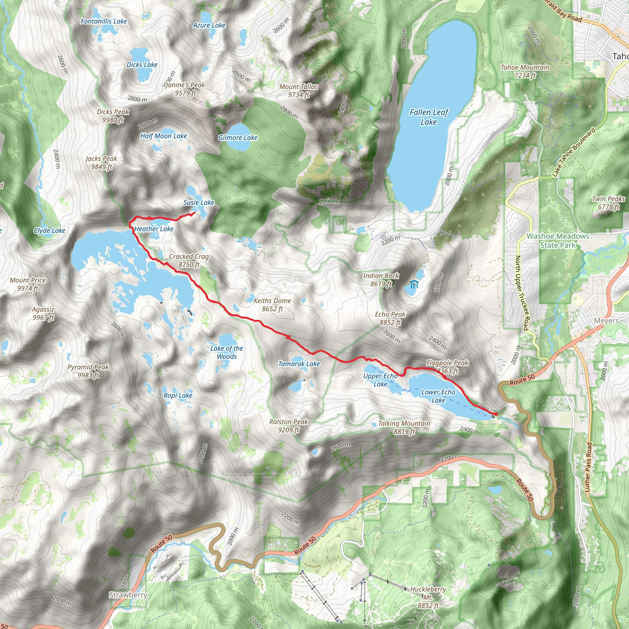 Lower Echo Lake and Lake Aloha via Tahoe Rim Trail mobile static map