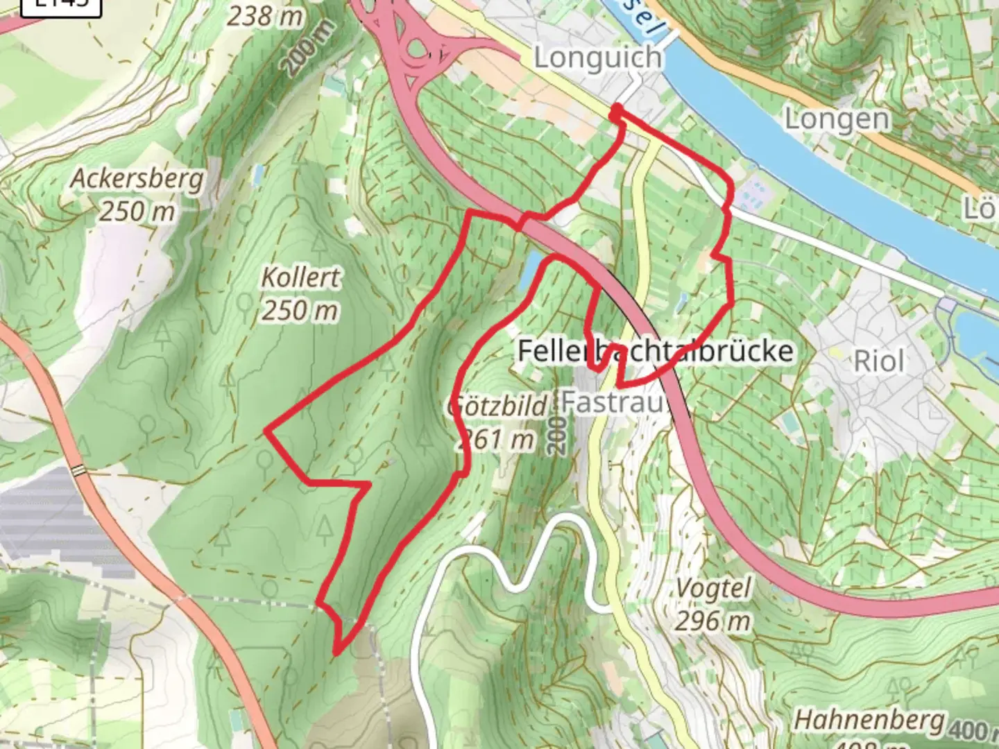 An image depicting the trail Longuicher Wald Loop - Fastrau and its surrounding area.