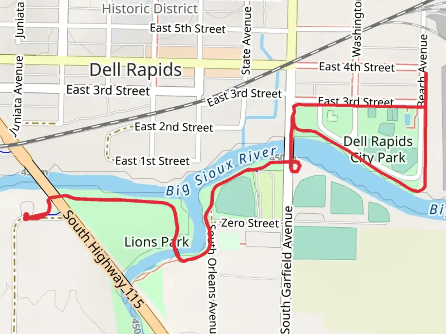 An image depicting the trail Dell Rapids Recreational Loop Trail - Phase 1 and 2 and its surrounding area.