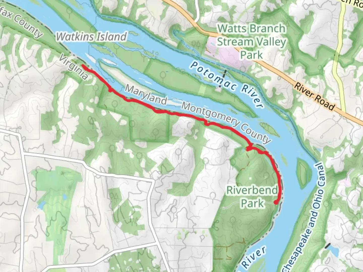 An image depicting the trail Potomac Heritage Trail Out and Back and its surrounding area.