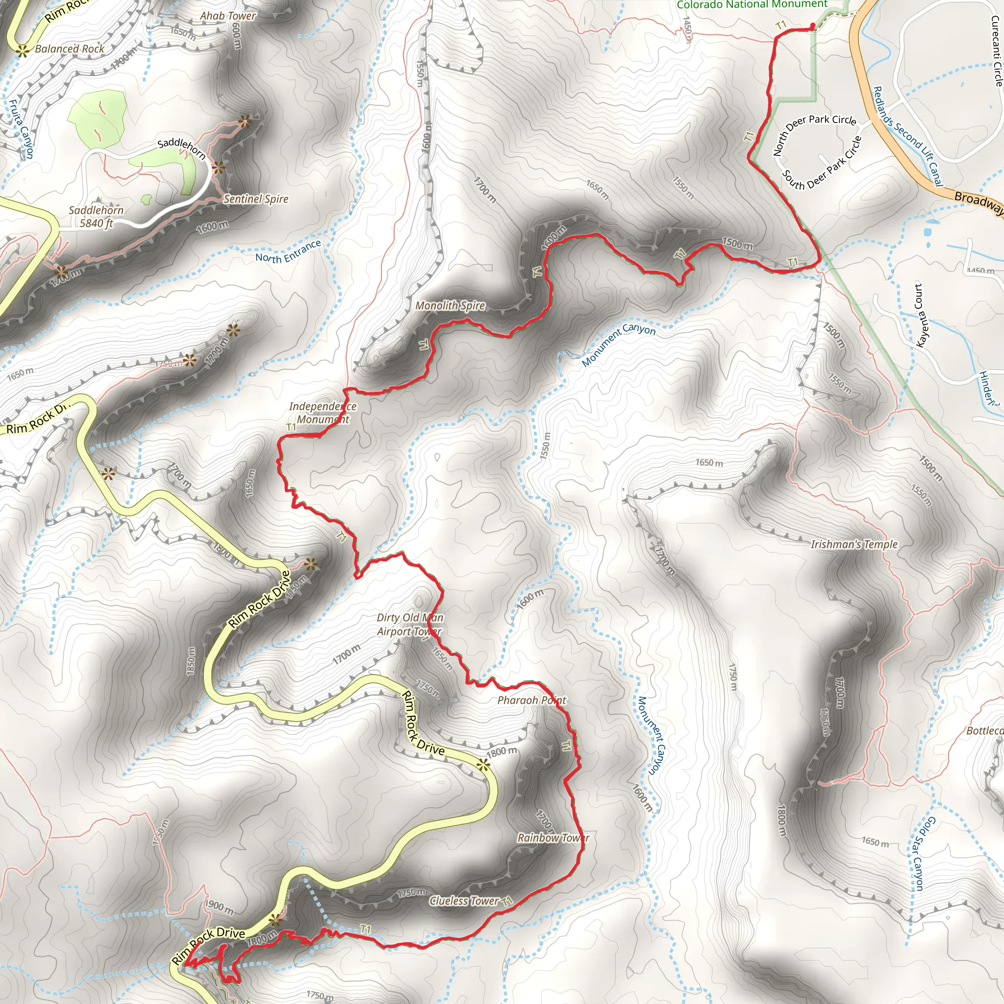 Monolith Spire and Independence Monument via Monument Canyon Trail mobile static map