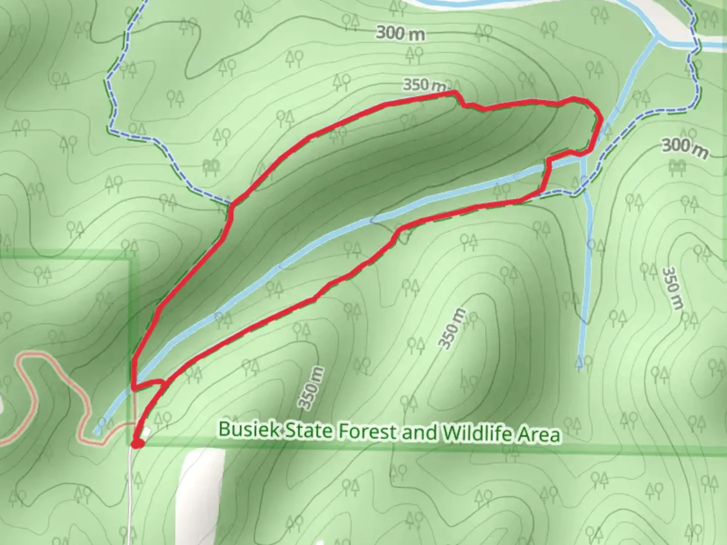 An image depicting the trail Busiek Yellow and Blue Loop Trail and its surrounding area.