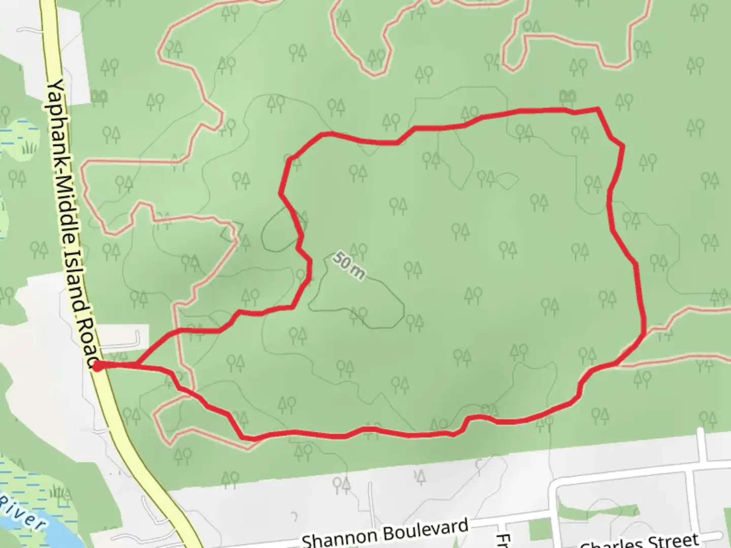 An image depicting the trail Yaphank Middle Island Road Loop and its surrounding area.