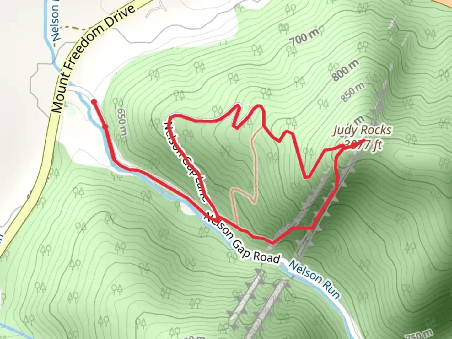 An image depicting the trail Judy Rocks and Nelson Gap Lane Loop and its surrounding area.