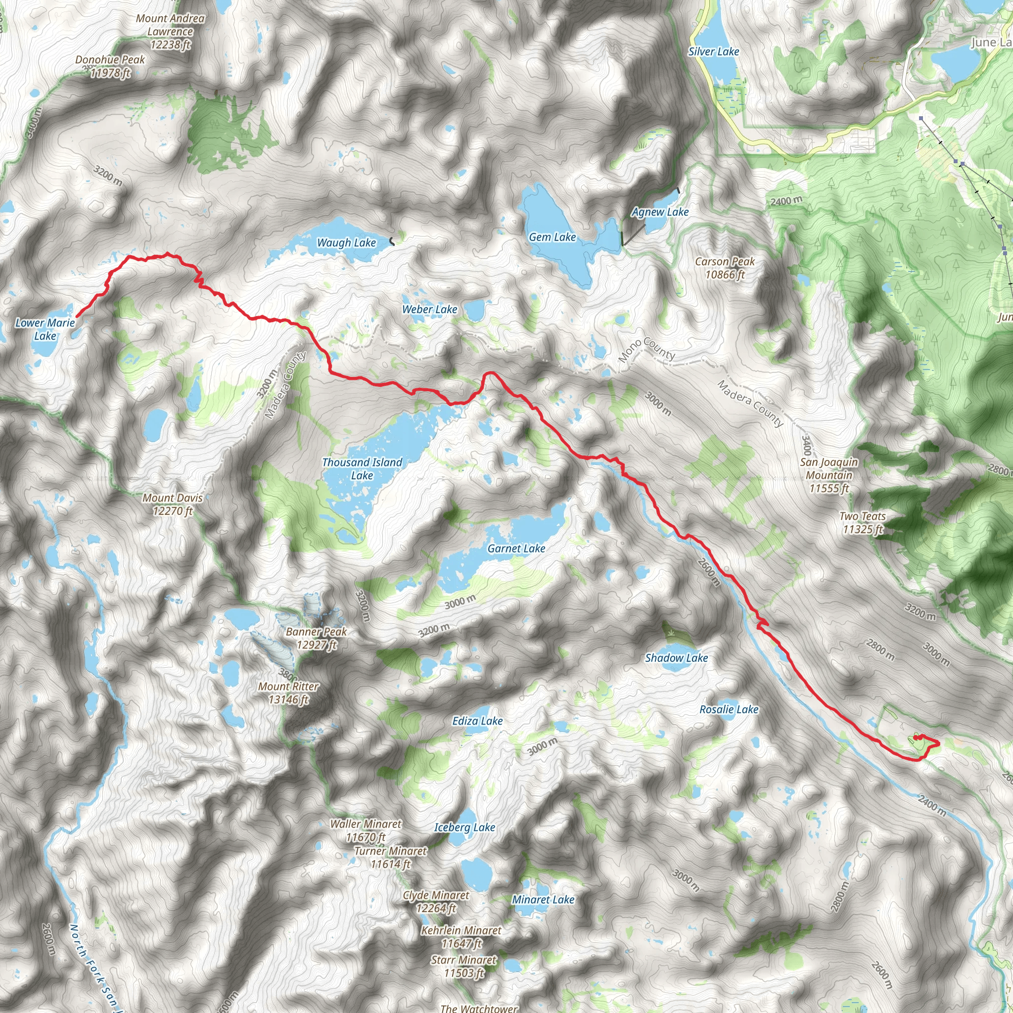 Marie Lakes, Thousand Island Lake via River Trail mobile static map