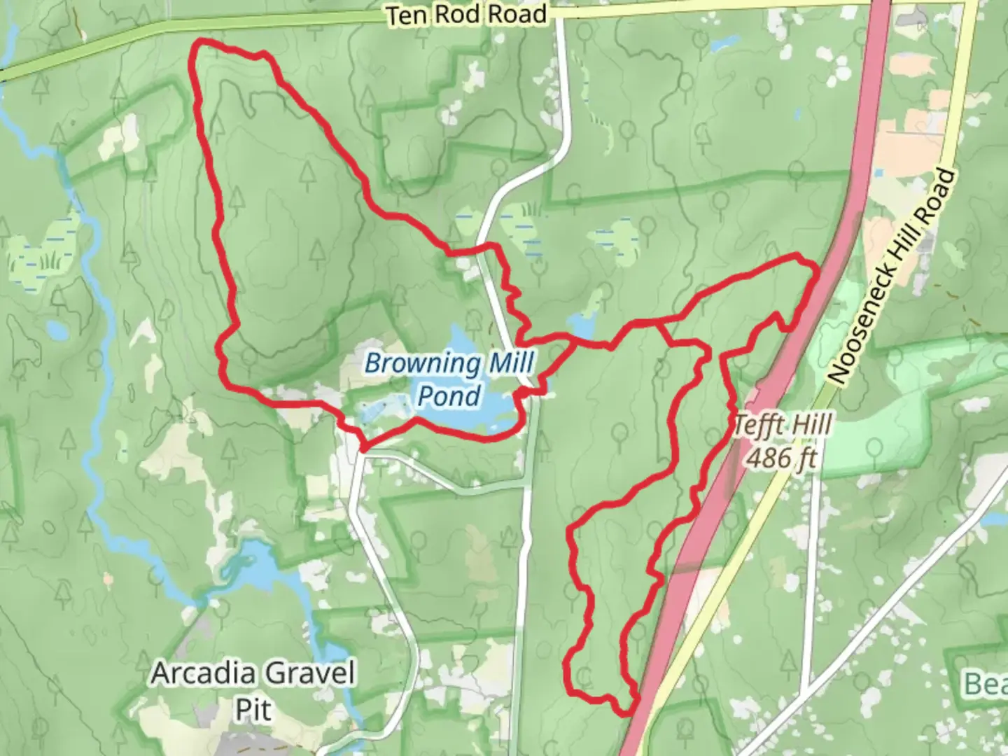 An image depicting the trail Browning Mill Pond Loop via Arcadia Trail and Tefft Hill Road Loop and its surrounding area.