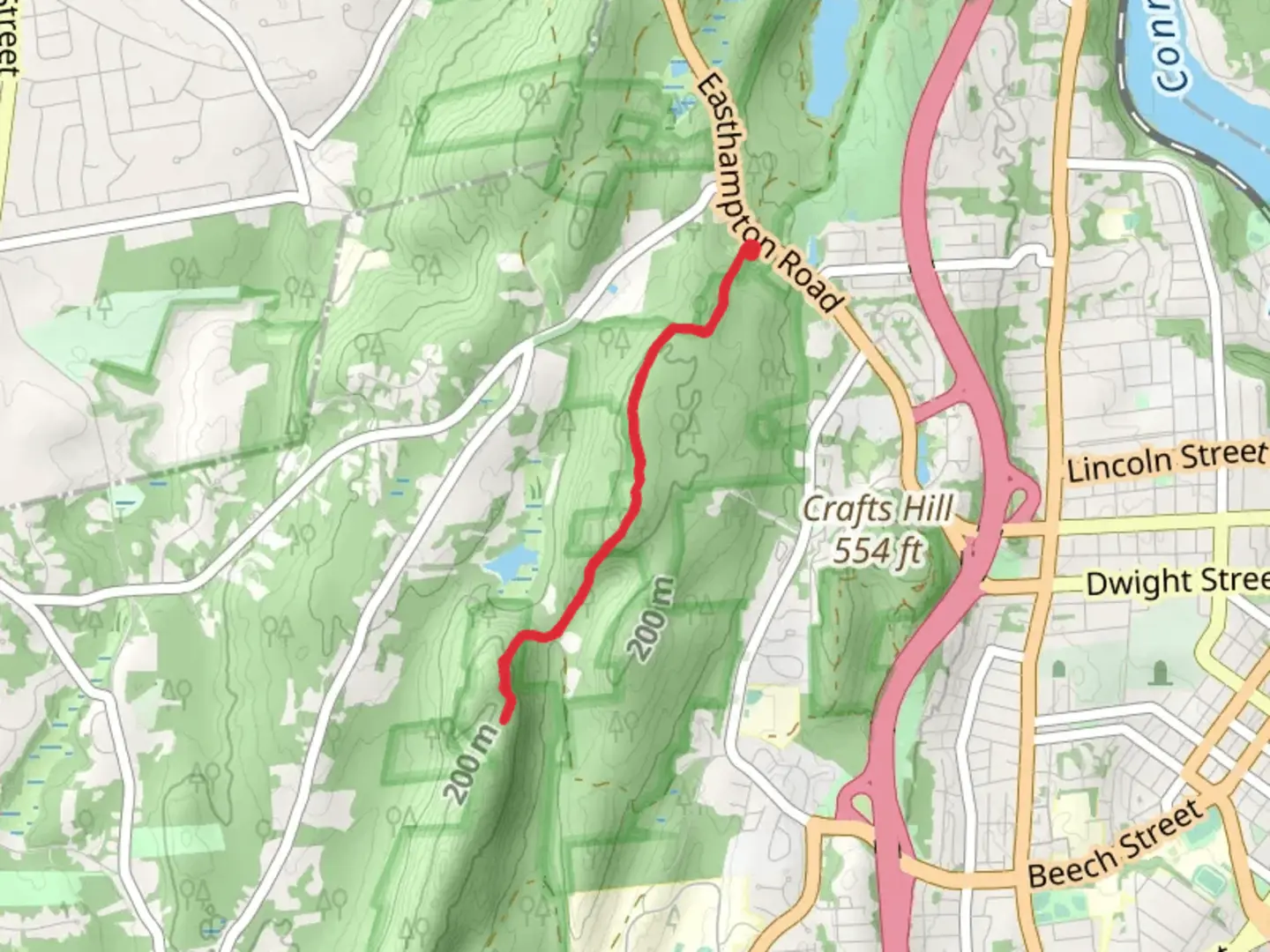 An image depicting the trail Cherry Brook from Old Easthampton Road and its surrounding area.