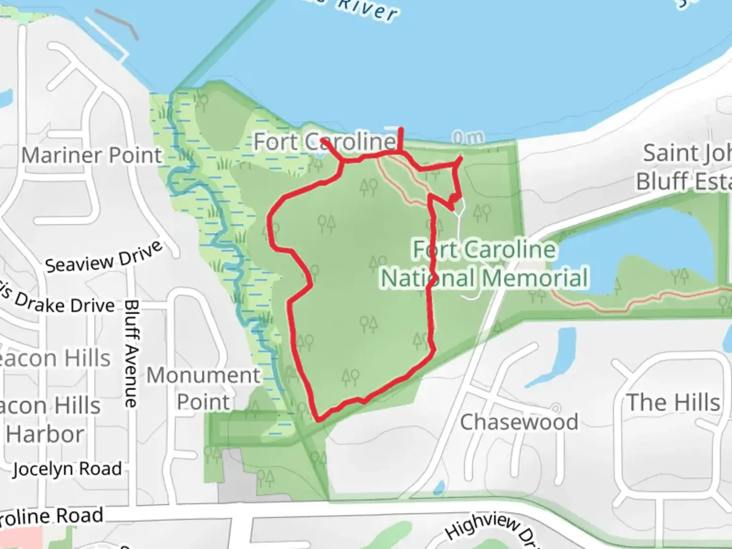 An image depicting the trail Fort Caroline Loop and its surrounding area.