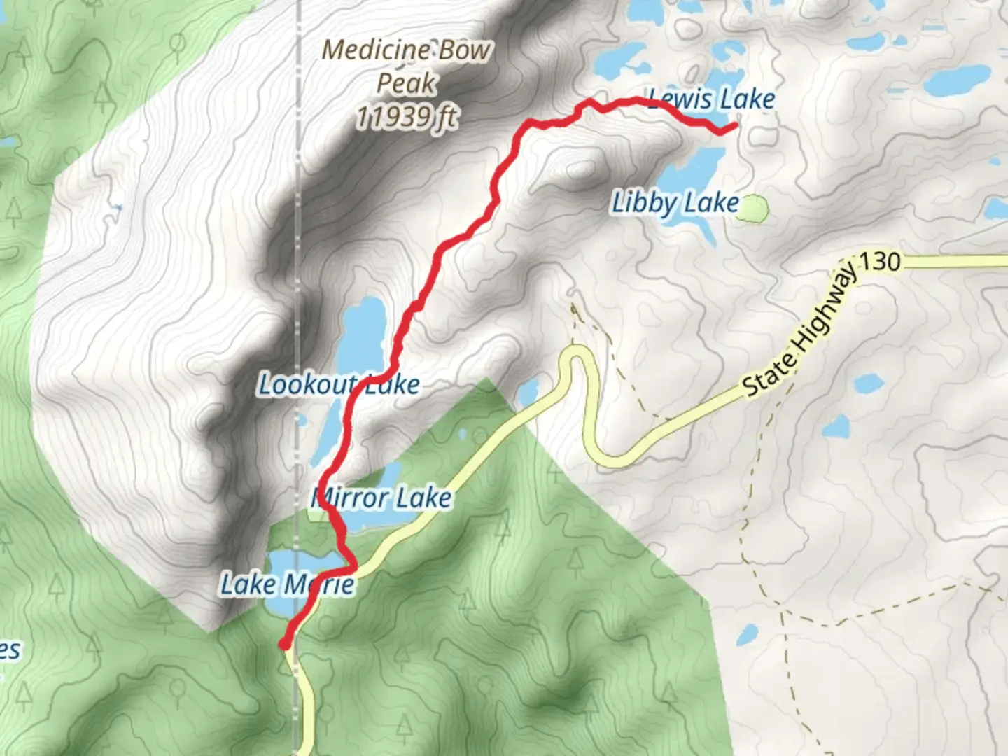 An image depicting the trail Lewis Lake via Medicine Bow Peak Trail and its surrounding area.