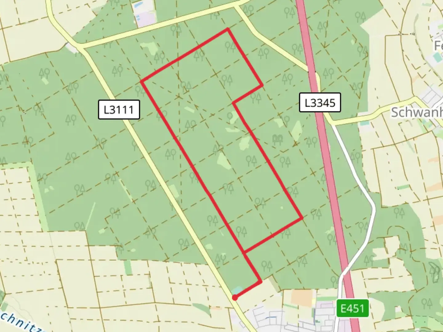 An image depicting the trail Dickebaum-Schneise snd Saufang-Schneise and its surrounding area.