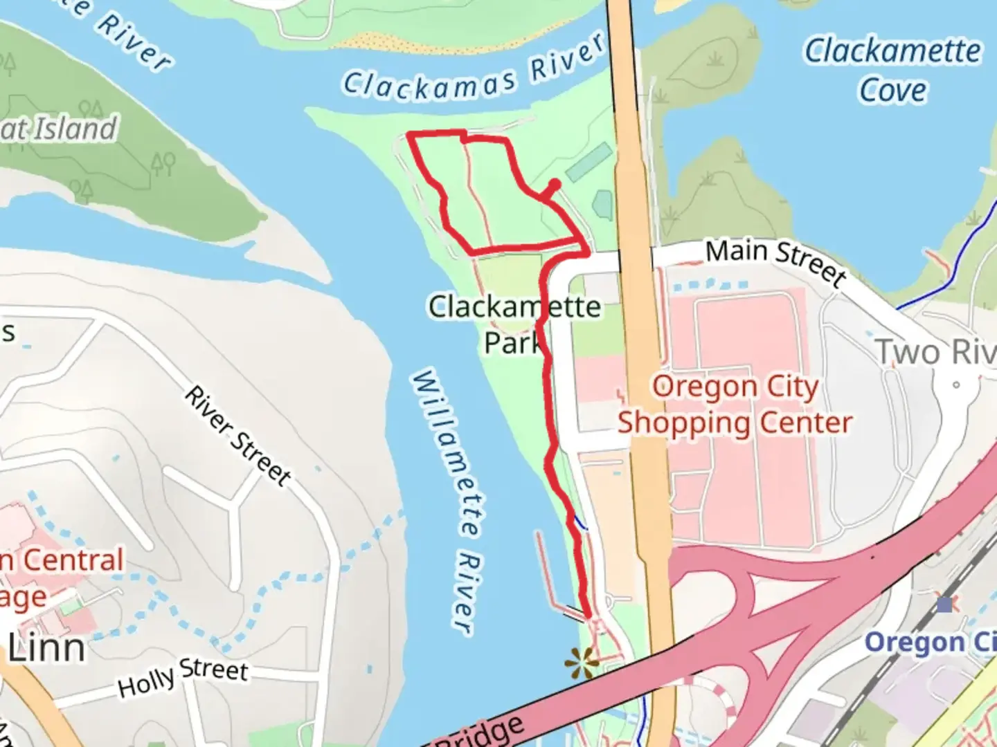 An image depicting the trail Clackamette Park Loop and Willamette River Greenway and its surrounding area.