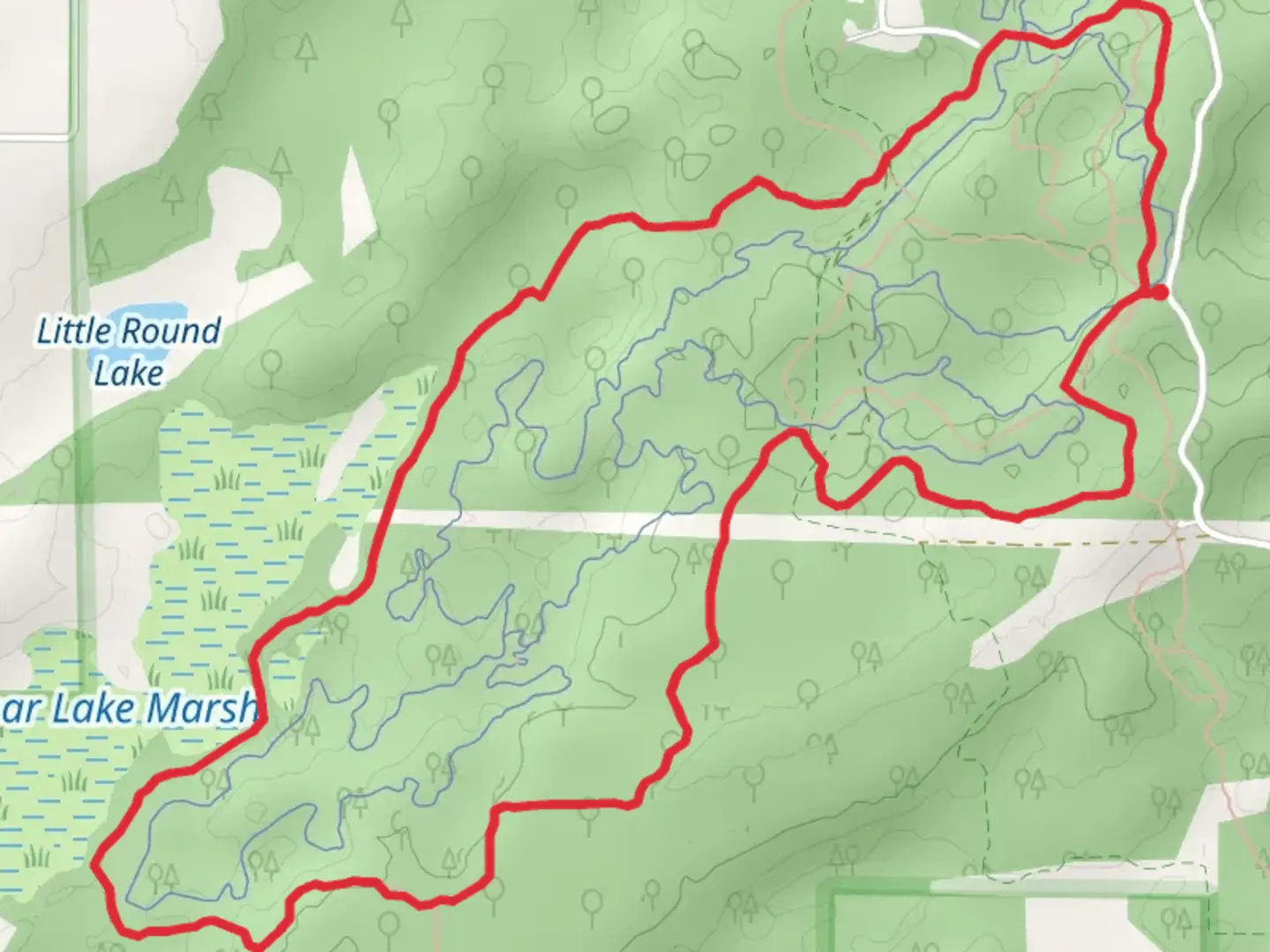 An image depicting the trail Purple Loop from Kettle Moraine Road and its surrounding area.