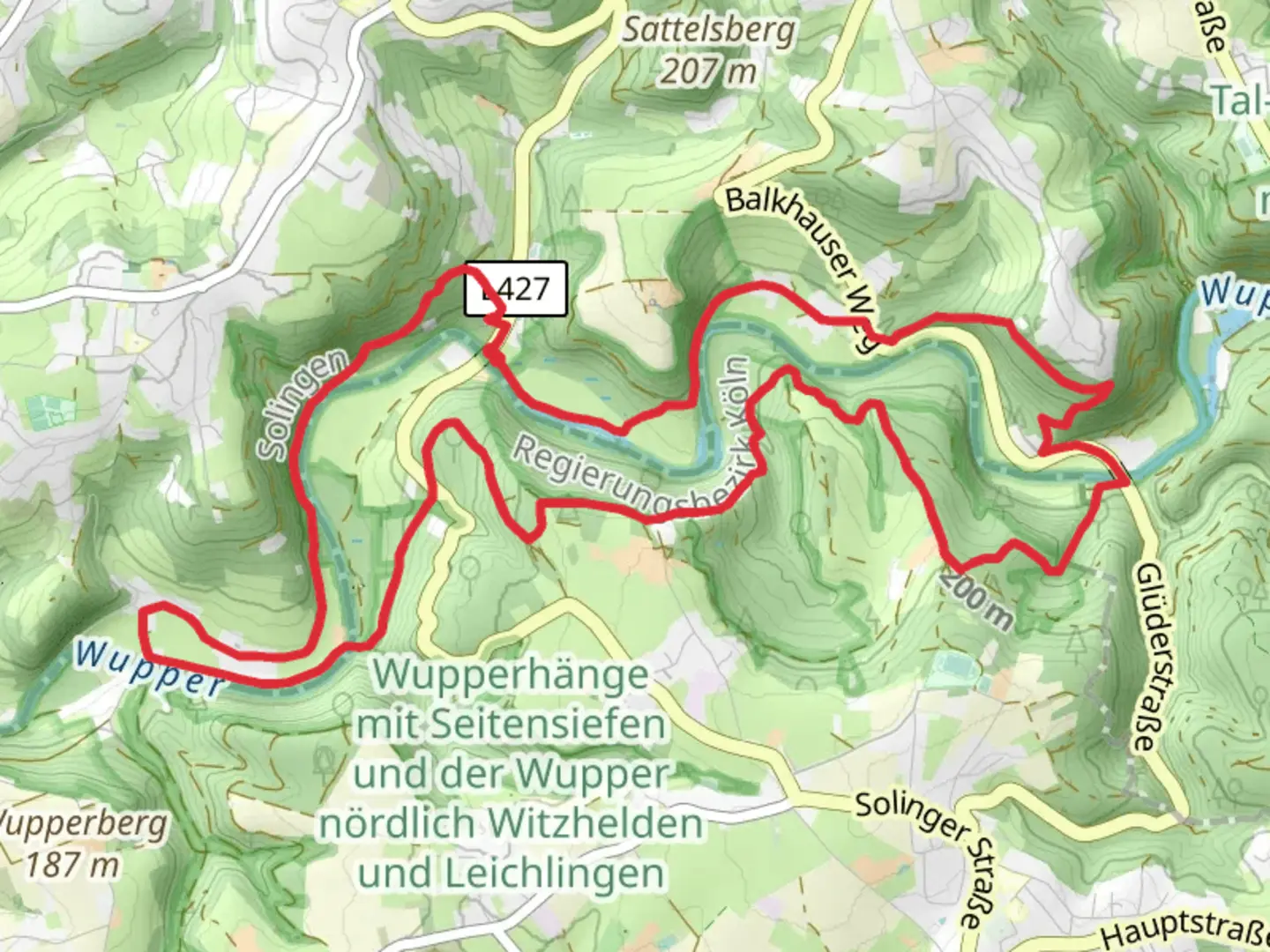 An image depicting the trail Wupperweg and Bergischer Weg and its surrounding area.