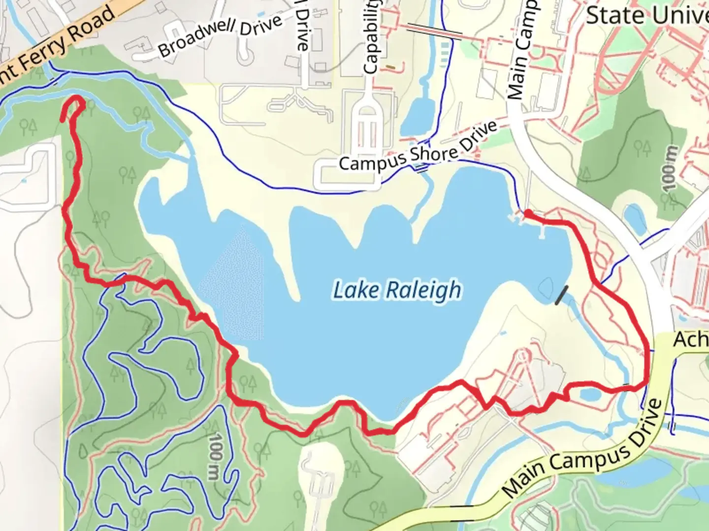 An image depicting the trail Lake Raleigh Southern Shore Trail and its surrounding area.