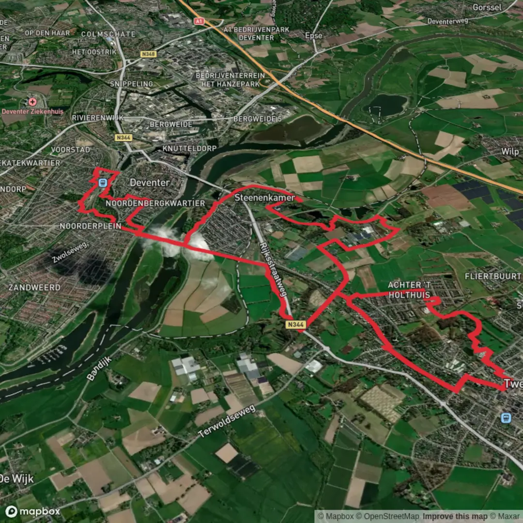An image depicting the trail Rijsterborgherpark, Hackfort Veenhuis via Vermeers Weg and its surrounding area.