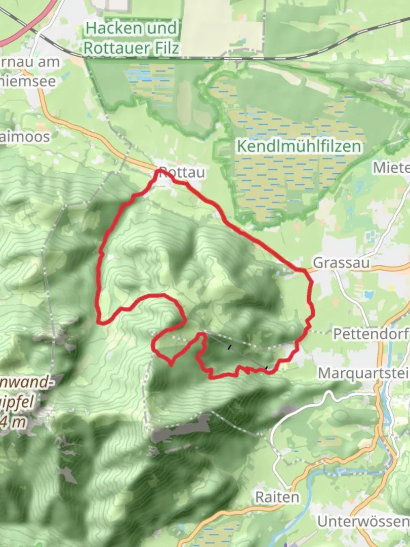 An image depicting the trail Rottau, Fetzenalm and Staffnalm Loop and its surrounding area.