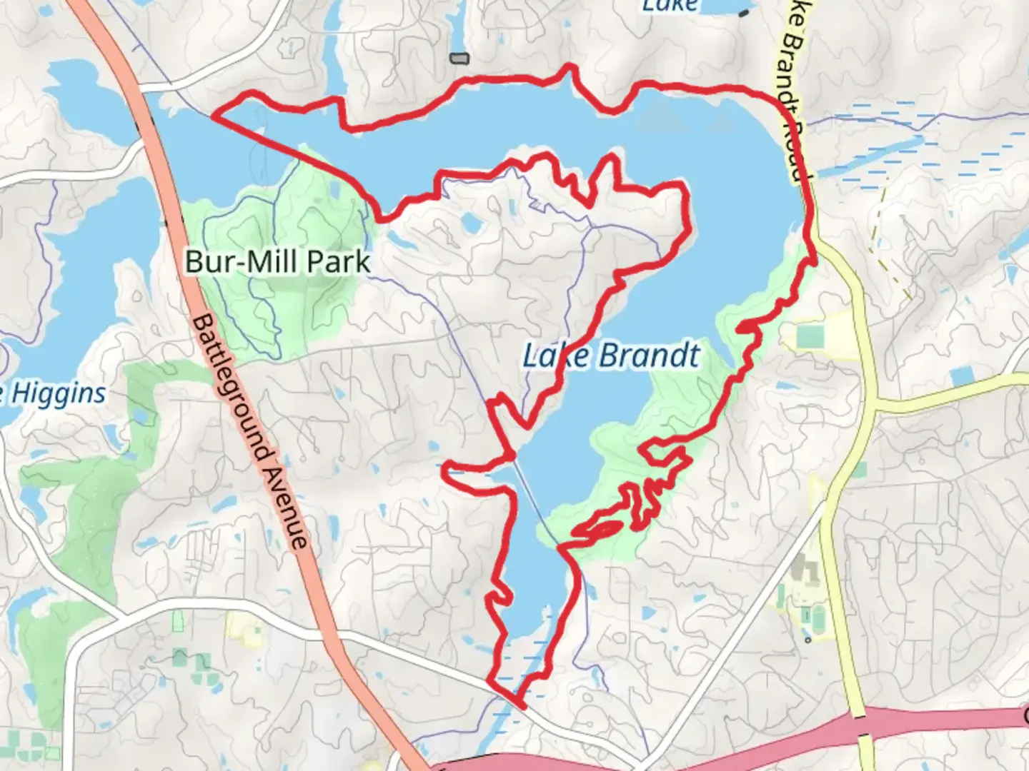 An image depicting the trail Reedy Fork and Lake Brandt Loop and its surrounding area.