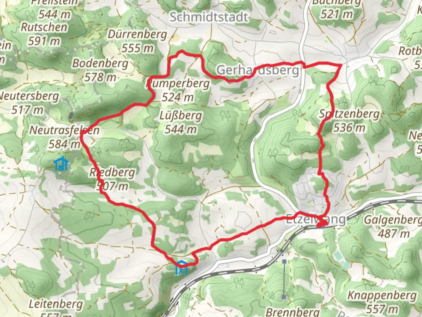 An image depicting the trail Schmankerl Weg Loop and its surrounding area.