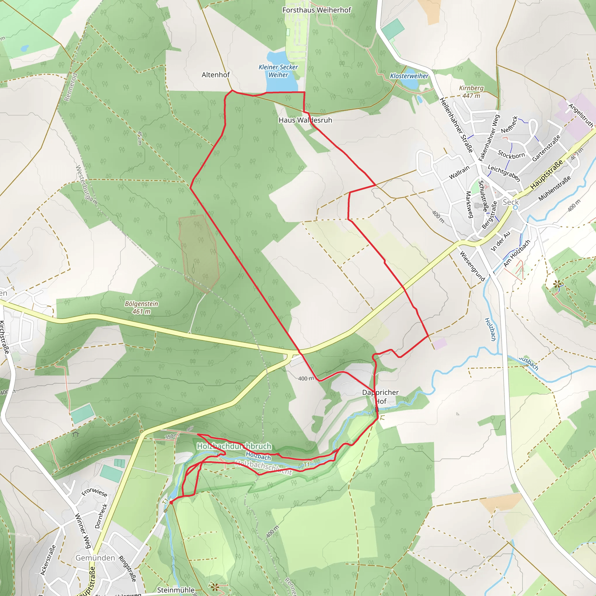 Holzbachdurchbruch and Kleiner Secker Weiher via Waldweg mobile static map