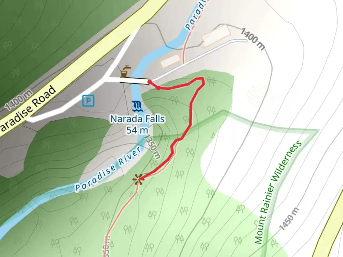 An image depicting the trail Narada Falls and its surrounding area.