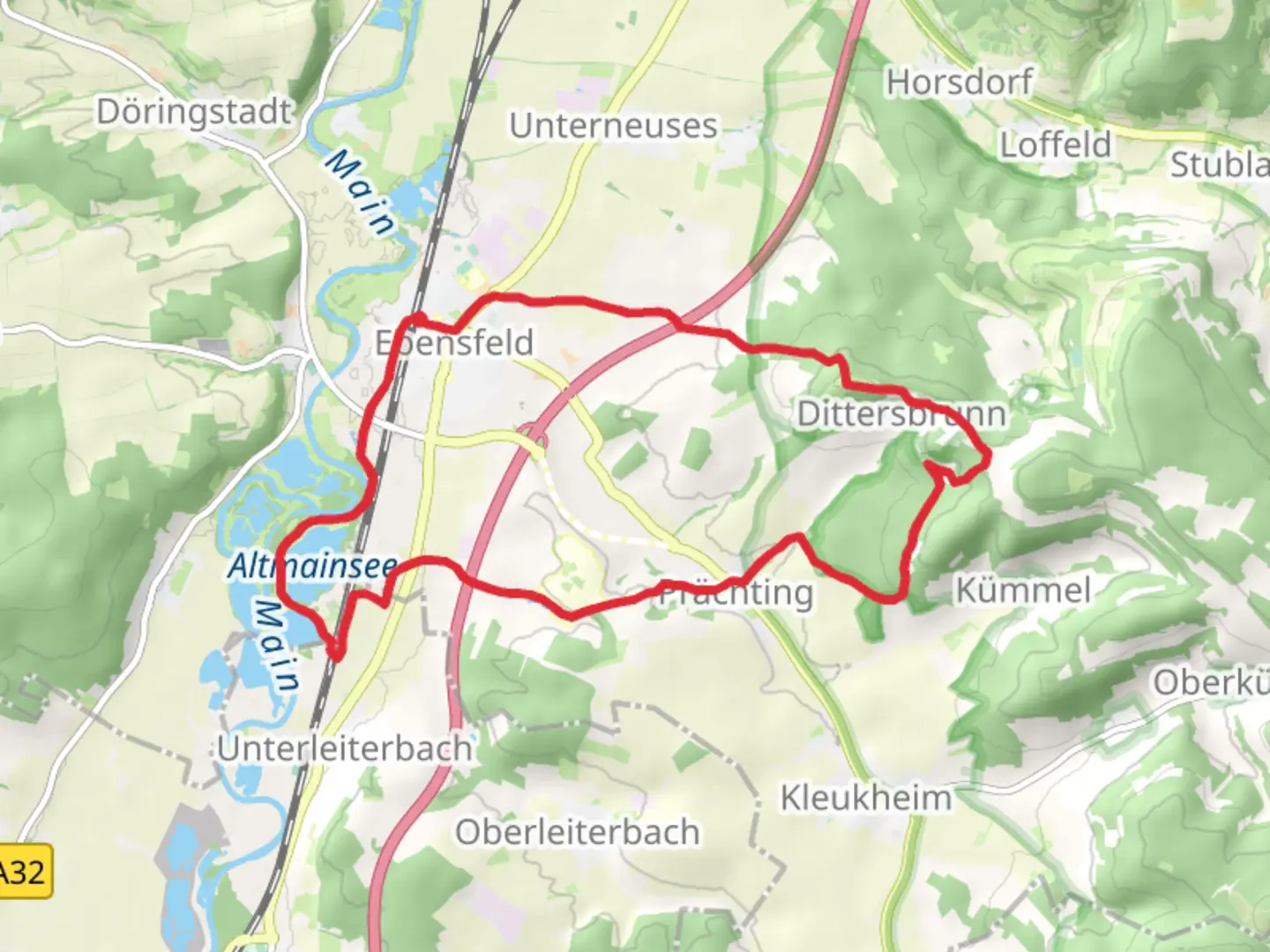 An image depicting the trail Ebensfeld and Kutzenberg Loop via Altmainsee and its surrounding area.